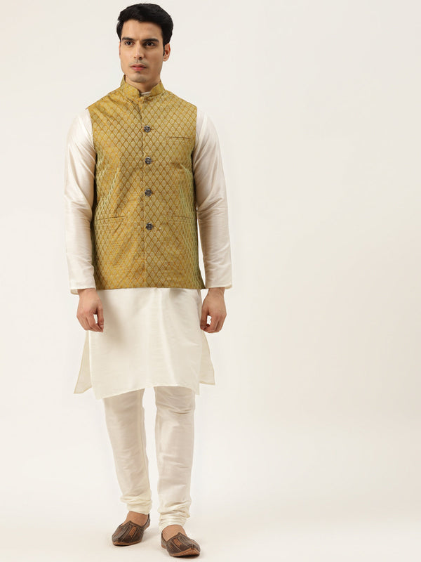 Men's Silk Blend Off White Kurta Pyjama & Mustard Nehrujacket Combo - Sojanya