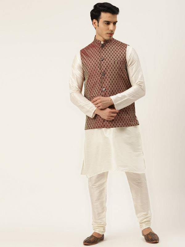 Men's Silk Blend Off White Kurta Pyjama & Maroon Nehrujacket Combo - Sojanya