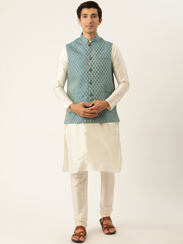 Men's Silk Blend Off White Kurta Pyjama & Peacockblue Nehrujacket Combo - Sojanya