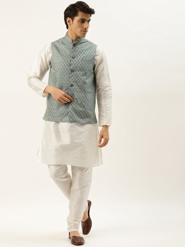 Men's Silk Blend Off White Kurta Pyjama & Teal Green Nehrujacket Combo - Sojanya