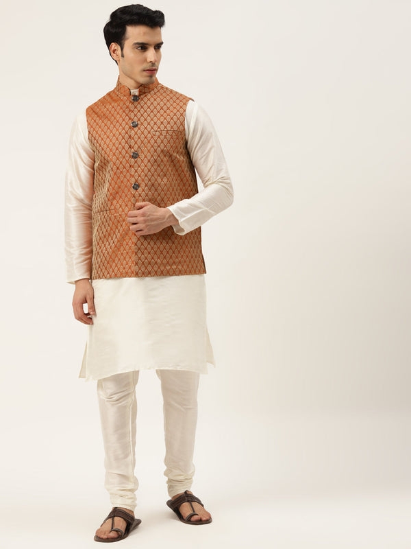 Men's Silk Blend Off White Kurta Pyjama & Orange Nehrujacket Combo - Sojanya