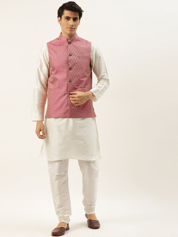 Men's Silk Blend Off White Kurta Pyjama & Pink Nehrujacket Combo - Sojanya