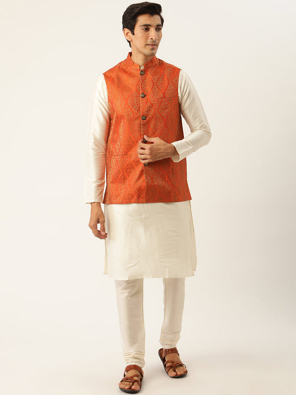 Men's Silk Blend Off White Kurta Pyjama & Orange Nehrujacket Combo - Sojanya