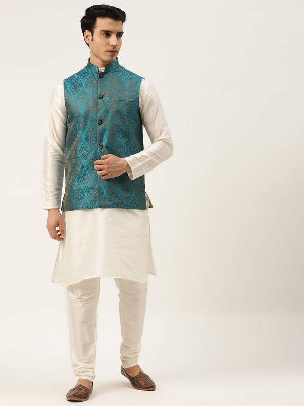 Men's Silk Blend Off White Kurta Pyjama & Teal Blue Nehrujacket Combo - Sojanya