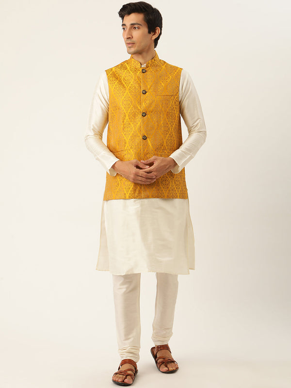 Men's Silk Blend Off White Kurta Pyjama & Mustard Nehrujacket Combo - Sojanya