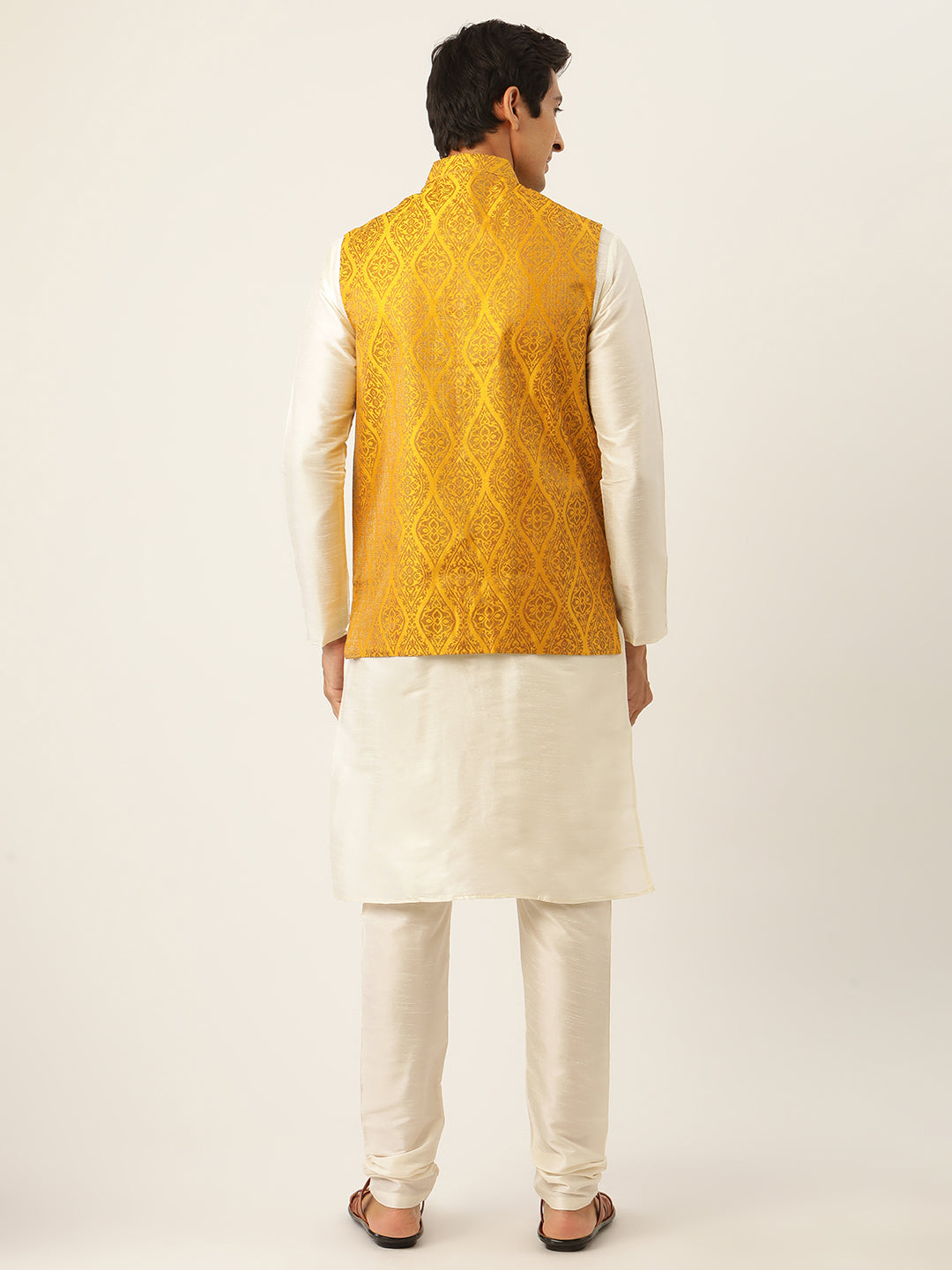 Men's Silk Blend Off White Kurta Pyjama & Mustard Nehrujacket Combo - Sojanya