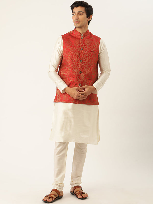 Men's Silk Blend Off White Kurta Pyjama & Red Nehrujacket Combo - Sojanya