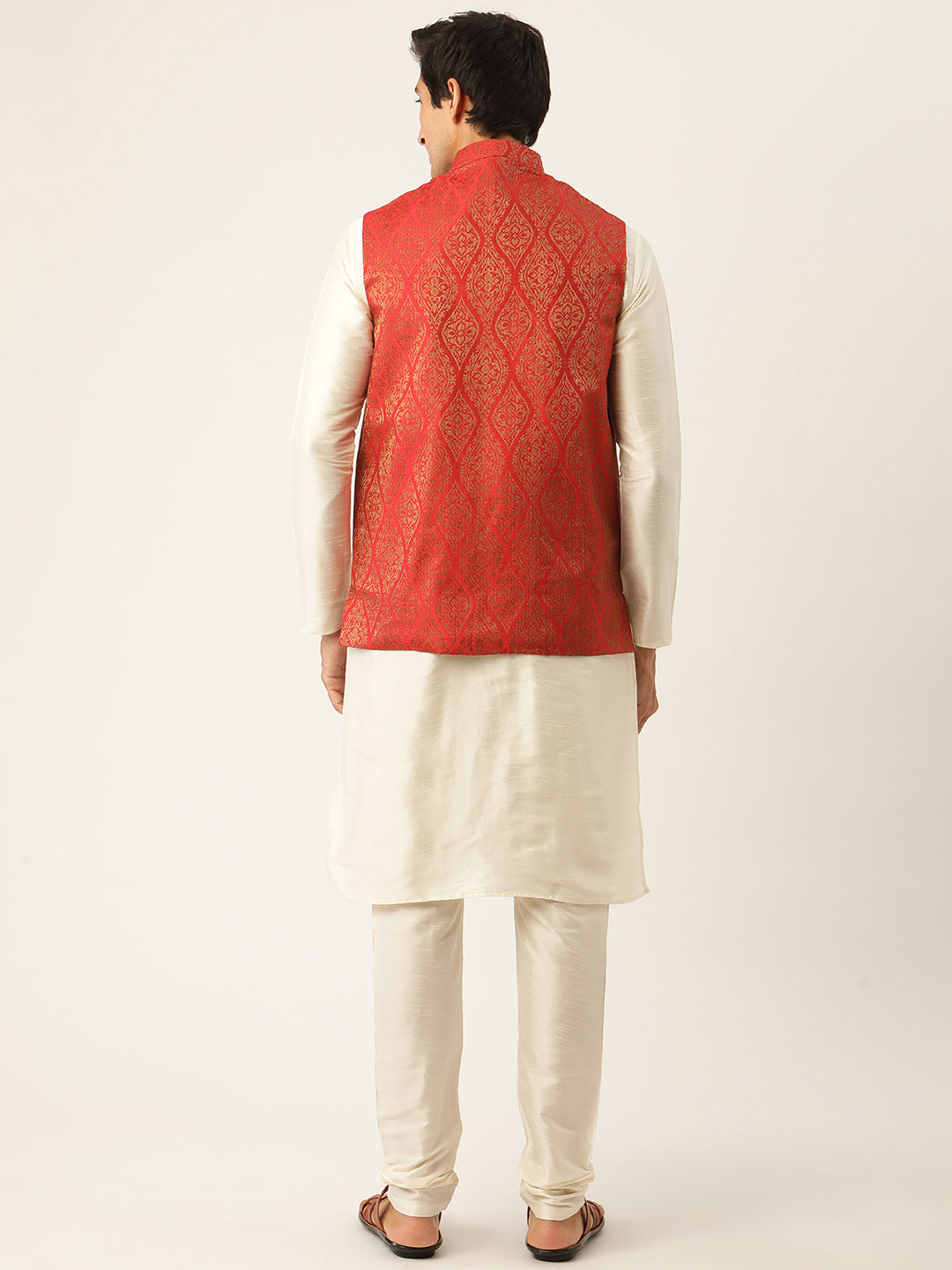 Men's Silk Blend Off White Kurta Pyjama & Red Nehrujacket Combo - Sojanya