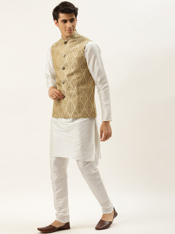 Men's Silk Blend Off White Kurta Pyjama & Beige Nehrujacket Combo - Sojanya