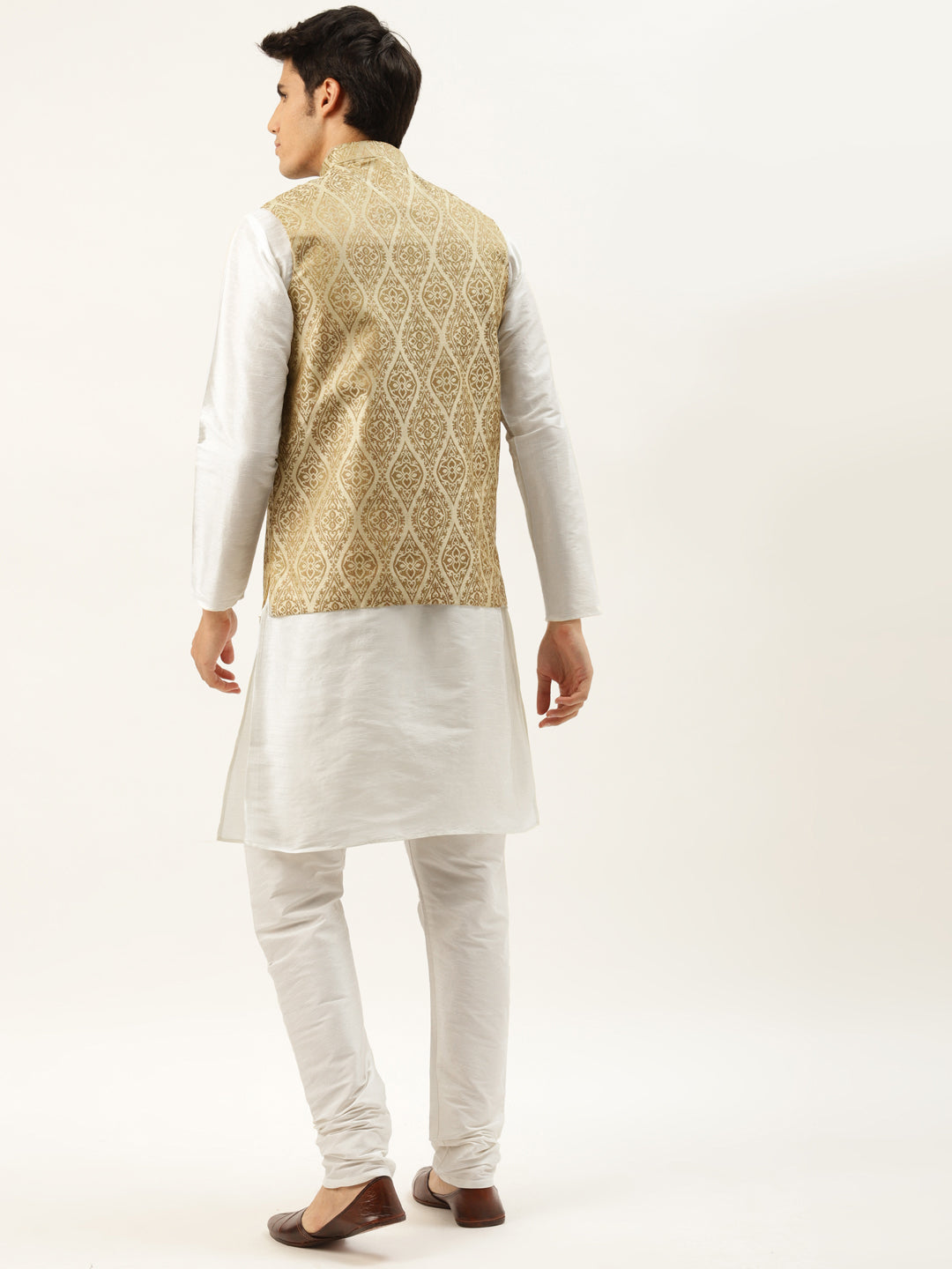 Men's Silk Blend Off White Kurta Pyjama & Beige Nehrujacket Combo - Sojanya