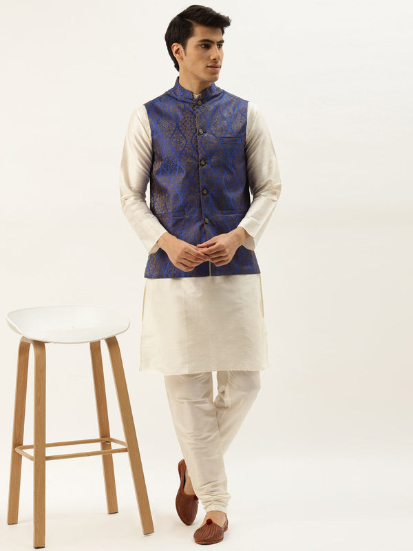 Men's Silk Blend Off White Kurta Pyjama & Blue Nehrujacket Combo - Sojanya