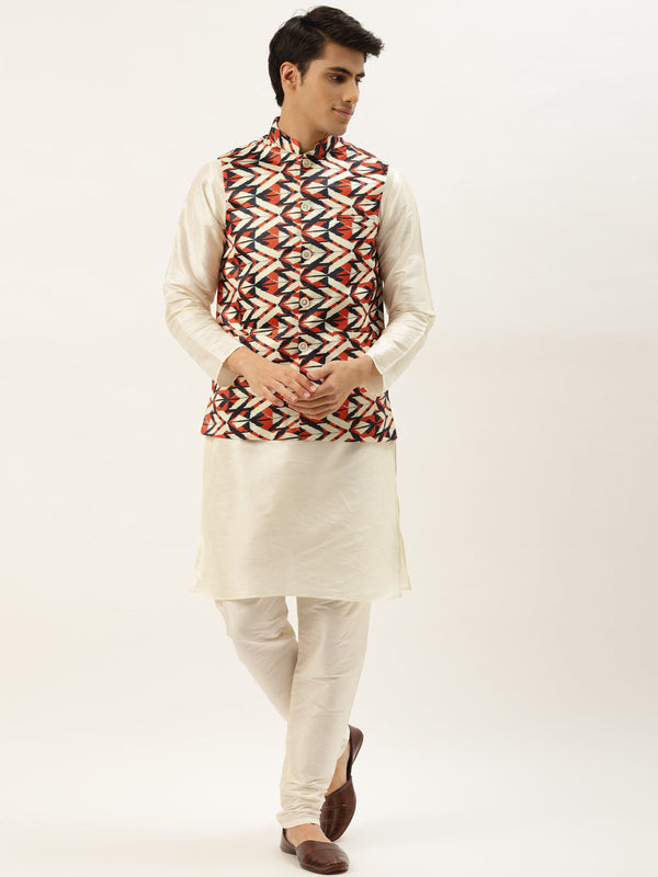 Men's Silk Blend Off White Kurta Pyjama & Cream Nehrujacket Combo - Sojanya