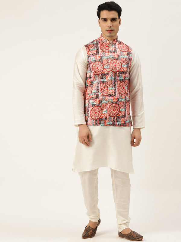 Men's Silk Blend Off White Kurta Pyjama & Peach Nehrujacket Combo - Sojanya