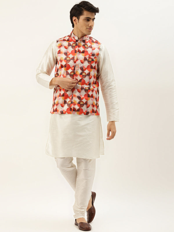 Men's Silk Blend Off White Kurta Pyjama & Off White Nehrujacket Combo - Sojanya