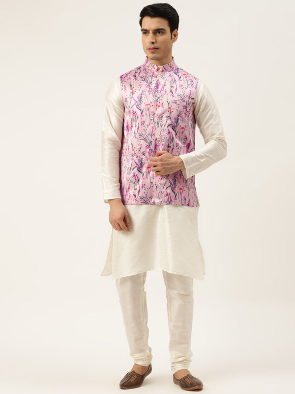 Men's Silk Blend Off White Kurta Pyjama & Pink Nehrujacket Combo - Sojanya