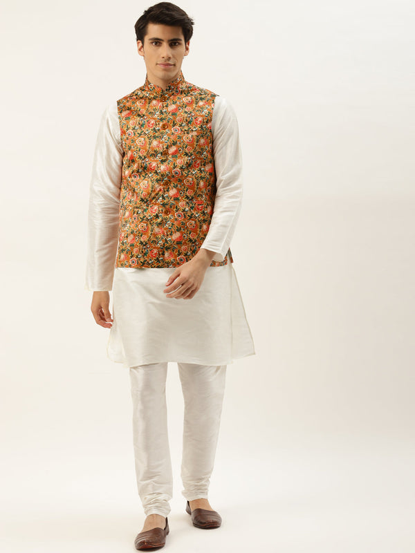 Men's Silk Blend Off White Kurta Pyjama & Tan Nehrujacket Combo - Sojanya