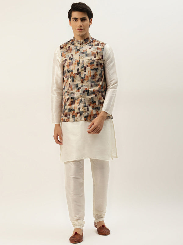 Men's Silk Blend Off White Kurta Pyjama & Beige Nehrujacket Combo - Sojanya