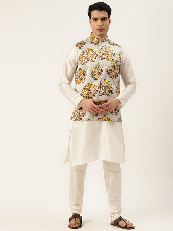 Men's Silk Blend Off White Kurta Pyjama & Lightgrey Nehrujacket Combo - Sojanya