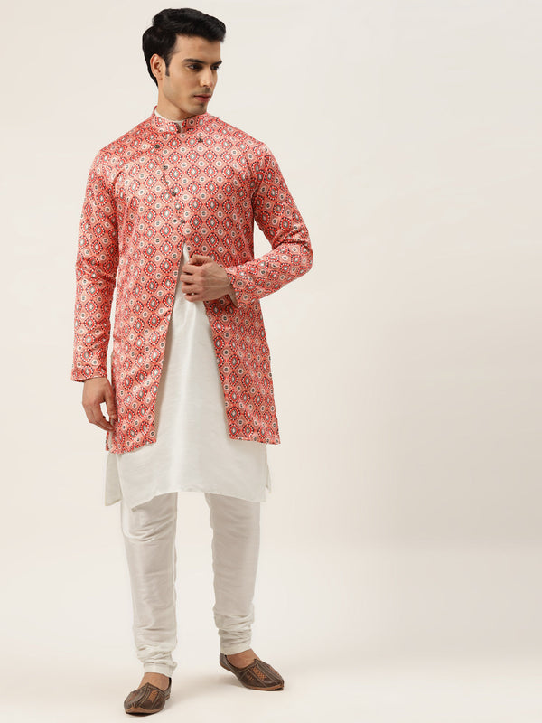 Men's Silk Blend Off White Kurta Pyjama & Peach Sherwani Set - Sojanya