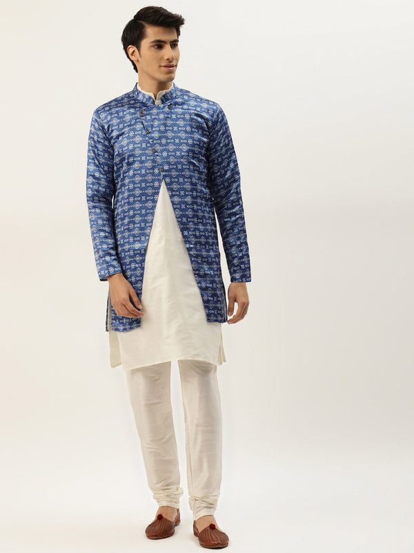 Men's Silk Blend Off White Kurta Pyjama & Blue Sherwani Set - Sojanya