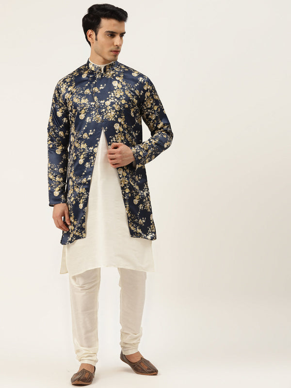 Men's Silk Blend Off White Kurta Pyjama & Navy Sherwani Set - Sojanya