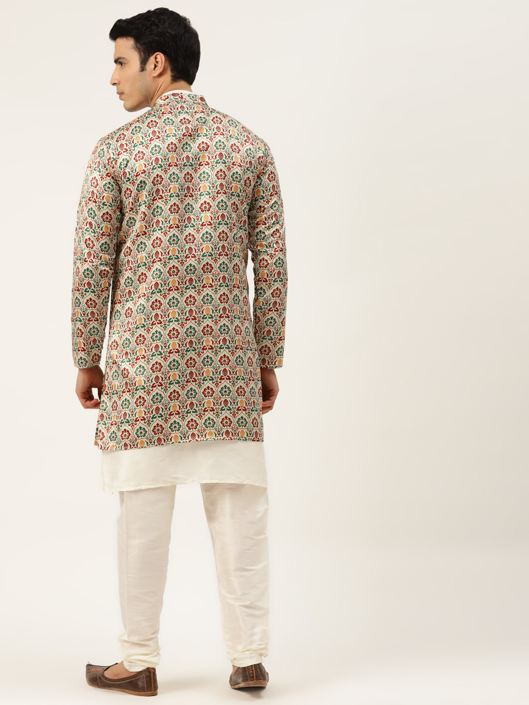 Men's Silk Blend Off White Kurta Pyjama & Fawn Sherwani Set - Sojanya