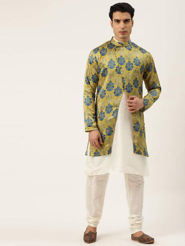 Men's Silk Blend Off White Kurta Pyjama & Gold Sherwani Set - Sojanya