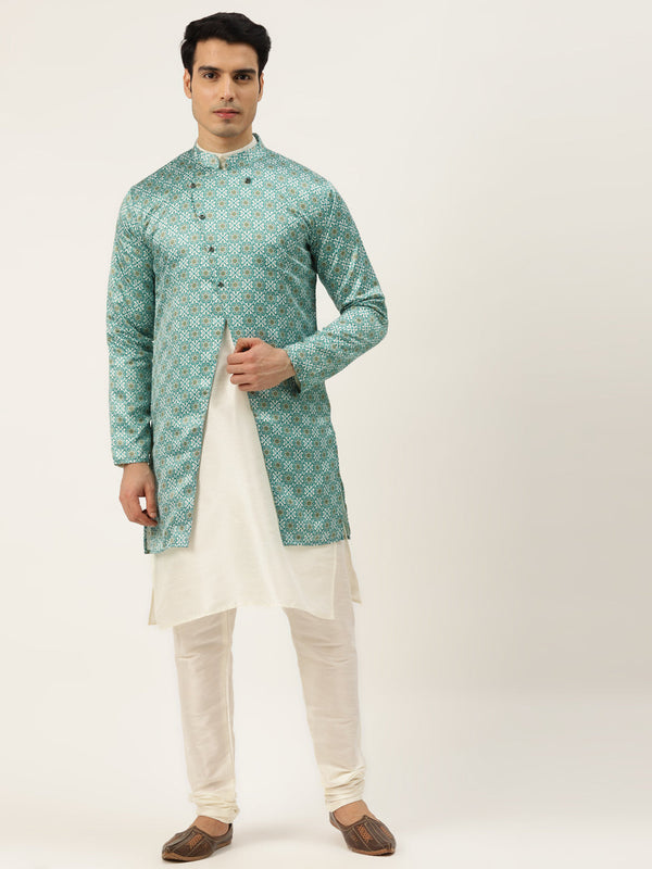 Men's Silk Blend Off White Kurta Pyjama & Green Sherwani Set - Sojanya