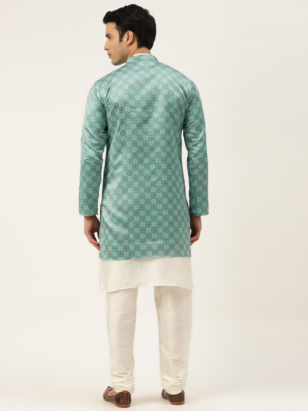 Men's Silk Blend Off White Kurta Pyjama & Green Sherwani Set - Sojanya