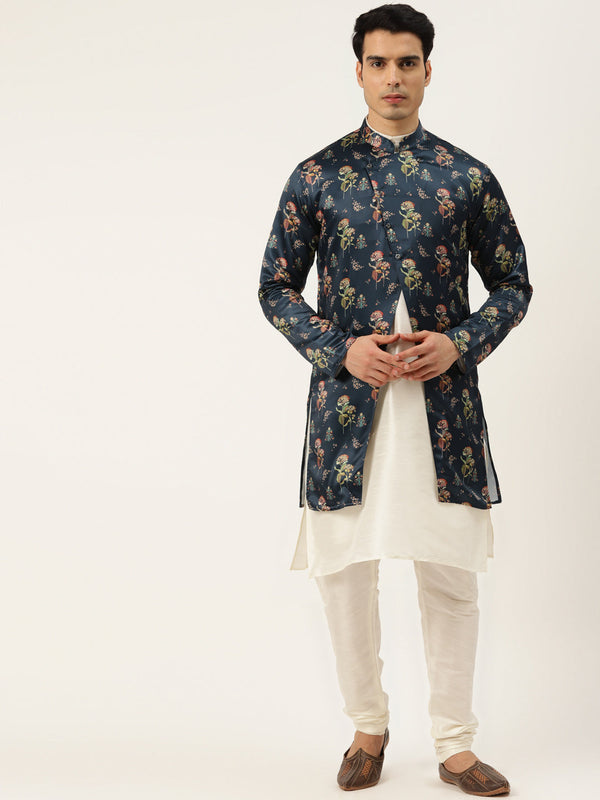 Men's Silk Blend Off White Kurta Pyjama & Navy Sherwani Set - Sojanya