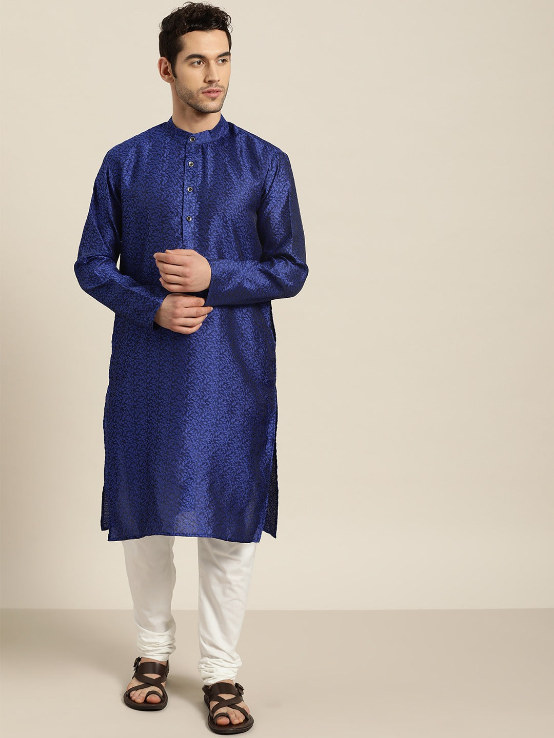 Men's Jacq Silk Royal Blue Self design Kurta & White Churidar Pyjama Set - Sojanya