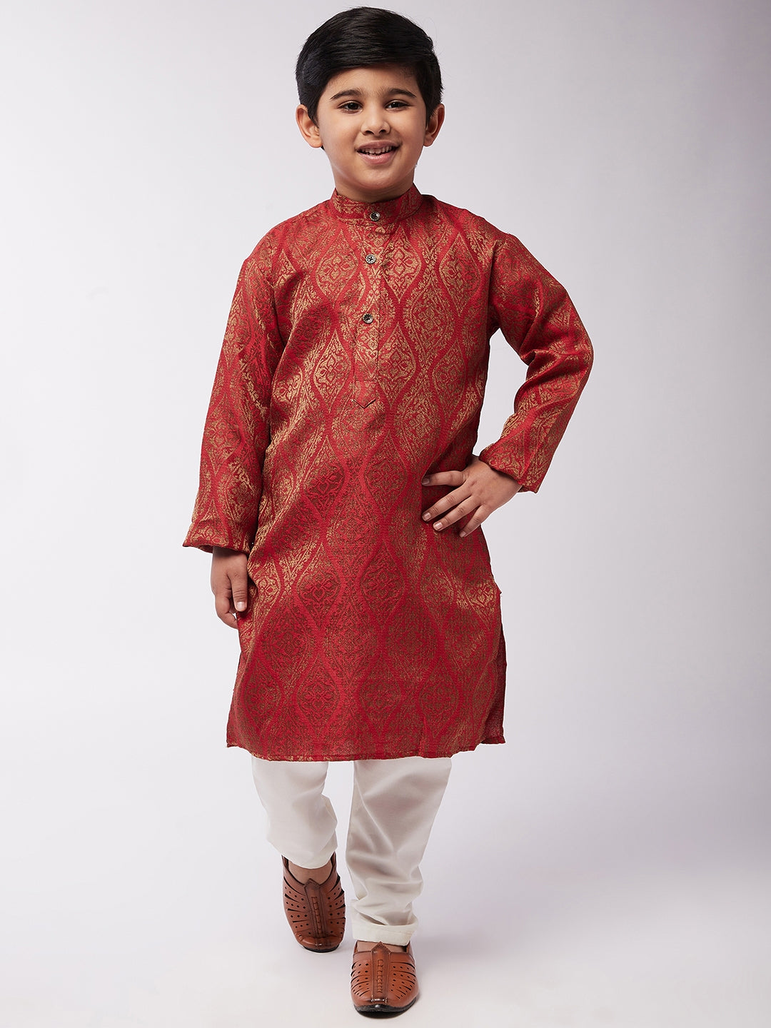 Kid's Jacquard Silk Red & Gold Kurta & Off-White Churidar Pyjama Set - Sojanya KID