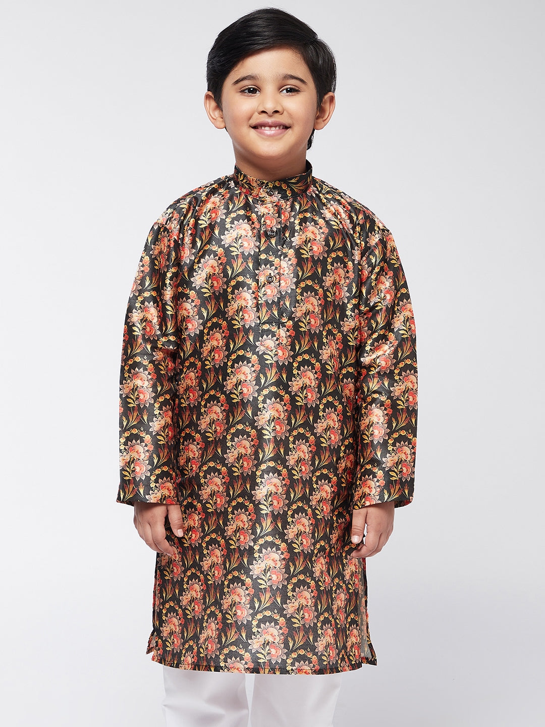 Kid's Silk Blend Black Printed ONLY Kurta  - Sojanya KID