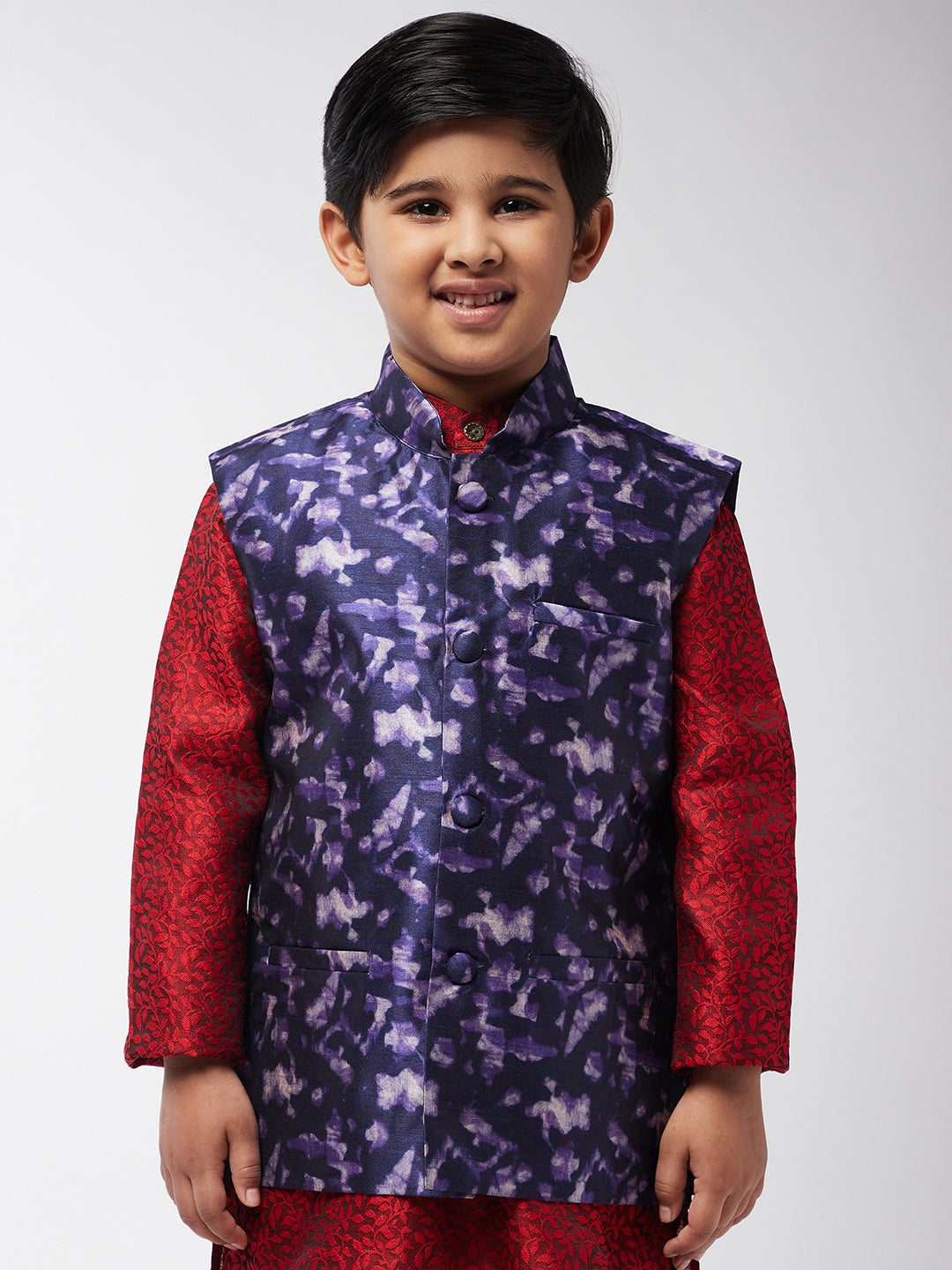 Kid's Silk Blend Navy Blue Printed ONLY Nehrujacket - Sojanya KID