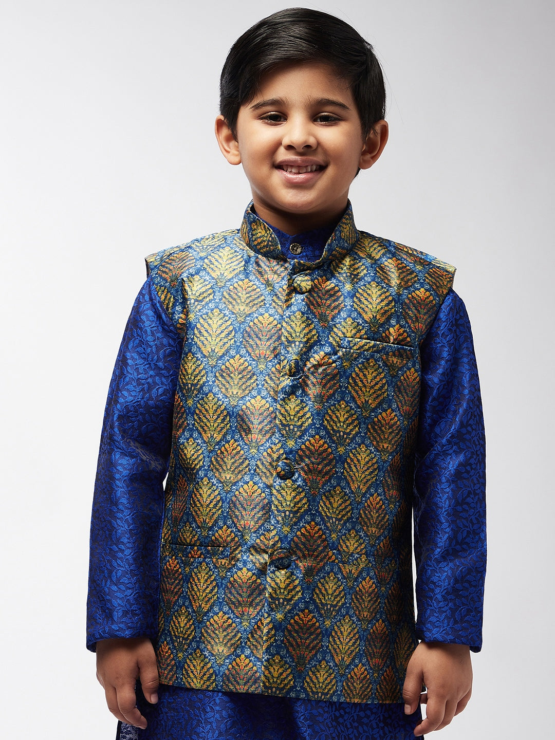 Kid's Silk Blend Blue Printed ONLY Nehrujacket - Sojanya KID