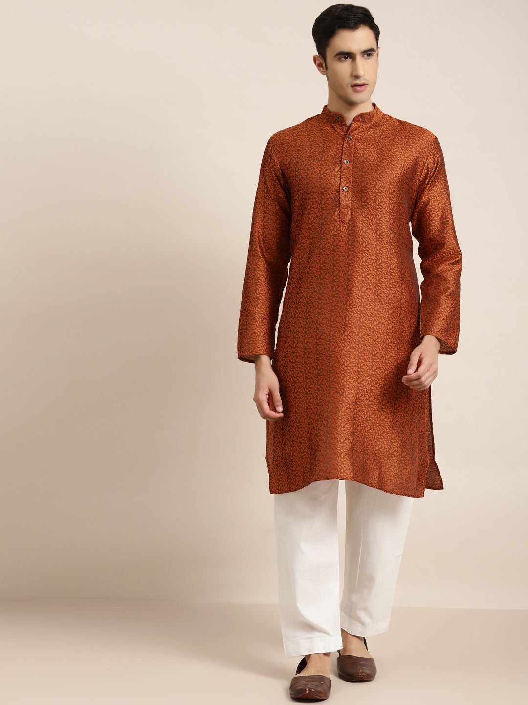 Men's Jacquard Silk Orange Self Design Only Kurta  - Sojanya