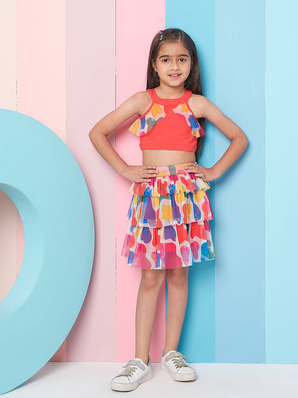 Girls Round Neck Ruffled Top With Skirt - PS Peaches