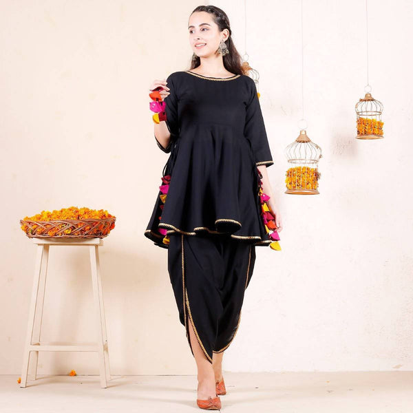 Women's Black Dhoti Peplum Top Set With Multicolour Tassels - Cheera