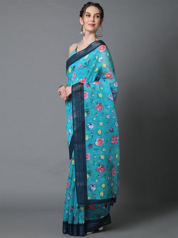 Women's Sky Blue Casual Linen Printed Saree With Unstitched Blouse - Odette