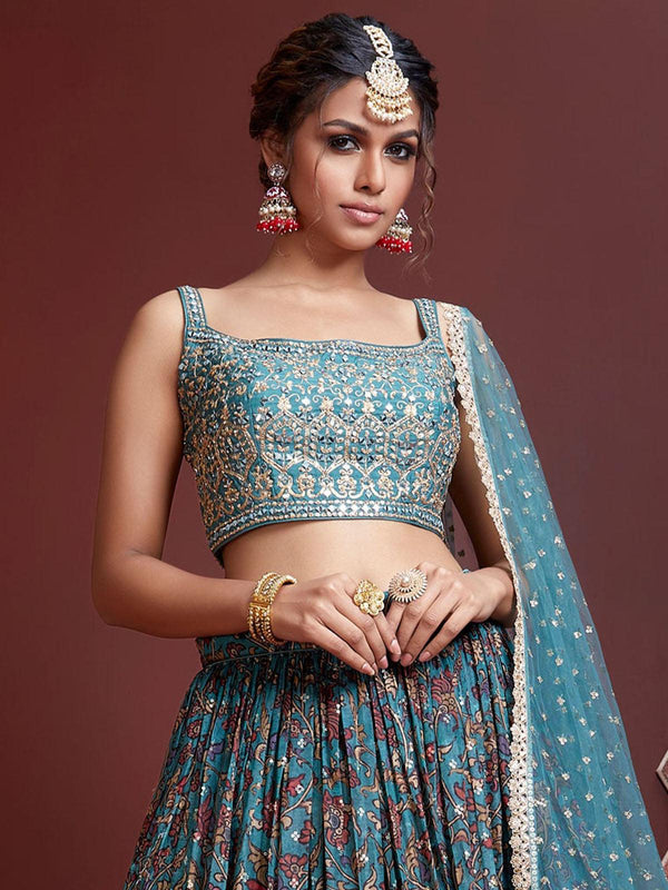 Women's Sky Blue Digital Print With Heavy Embroidery Lehenga Choli - Odette