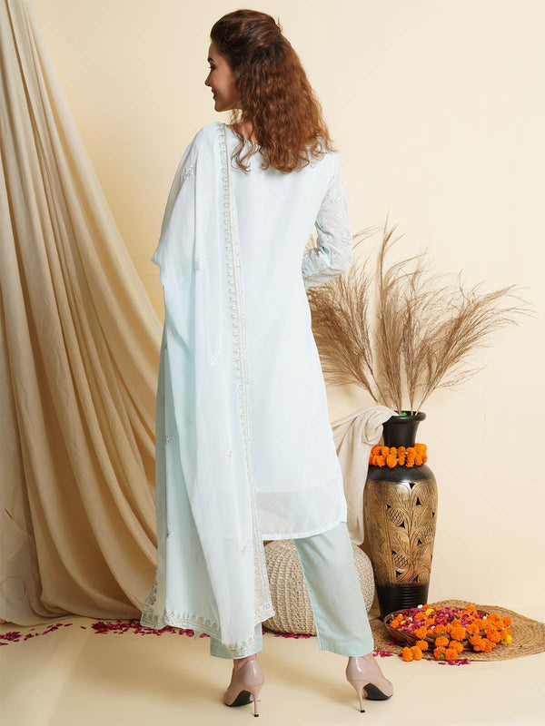 Women's Sky Blue Embroidered Pant Kurta Set - Odette