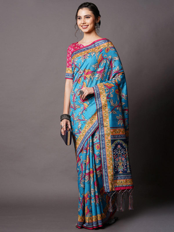 Women's Sky Blue Festive Bhagalpuri Silk Printed Saree With Unstitched Blouse - Odette