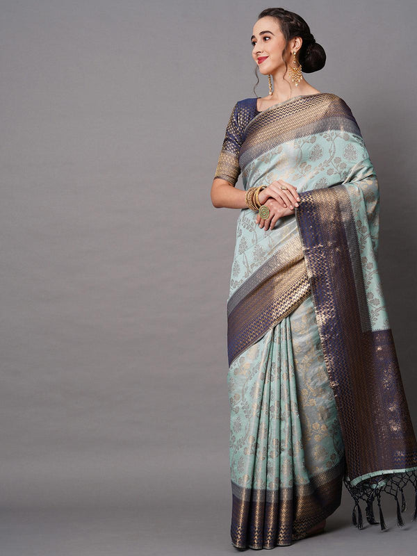 Women's Sky Blue Festive Silk Blend Woven Design Saree With Unstitched Blouse - Odette