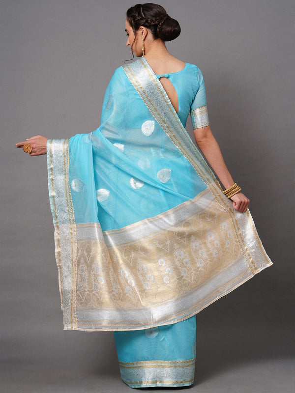 Women's Sky Blue Festive Silk Blend Woven Design Saree With Unstitched Blouse - Odette