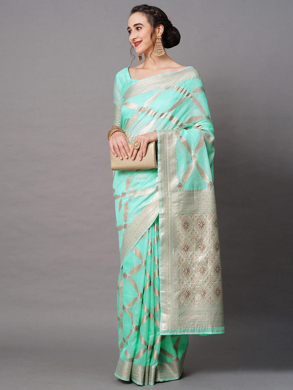 Women's Sky Blue Festive Silk Blend Woven Design Saree With Unstitched Blouse - Odette