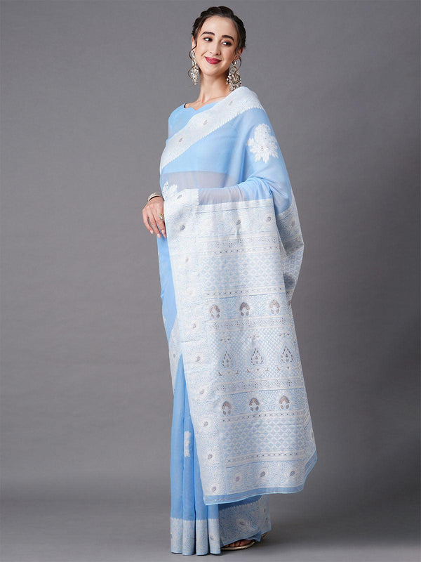 Women's Sky Blue Festive Silk Blend Woven Design Saree With Unstitched Blouse - Odette