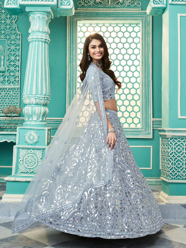 Women's Sky Blue Georgette Sequin Embroidery Lehenga - Odette