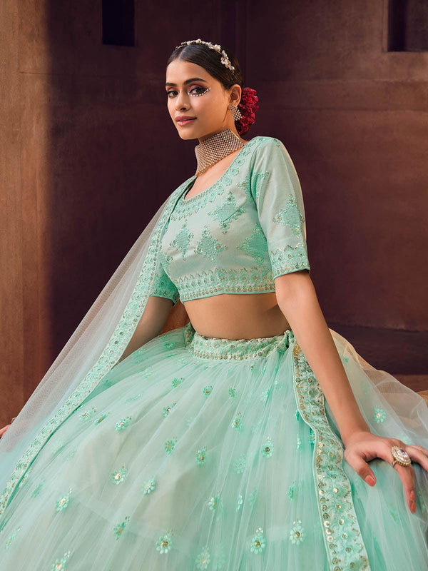 Women's Sky Blue Heavy Net Lehenga Set - Odette