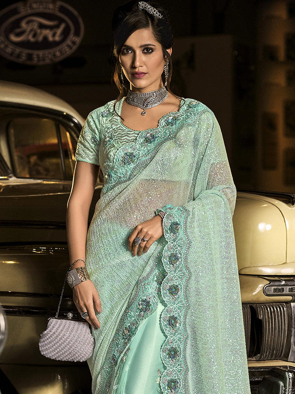 Women's Sky Blue Net Floral Designer Saree With Blouse - Odette