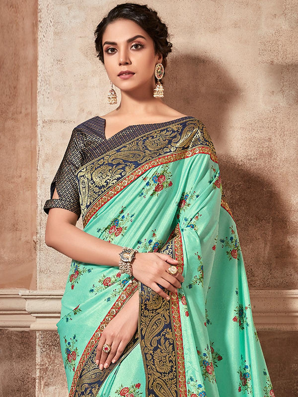 Women's Sky Blue Printed Silk Designer Saree With Blouse - Odette